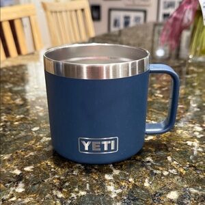 YETI 14 oz Rambler Navy Blue Mug with Silver Rim